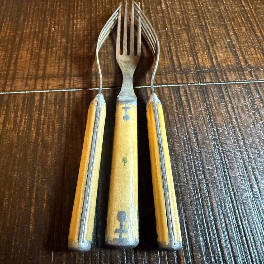 Antique Primitive Bone Handle Forks Set of 3 Pewter Inlay Rustic Flatware 7.25